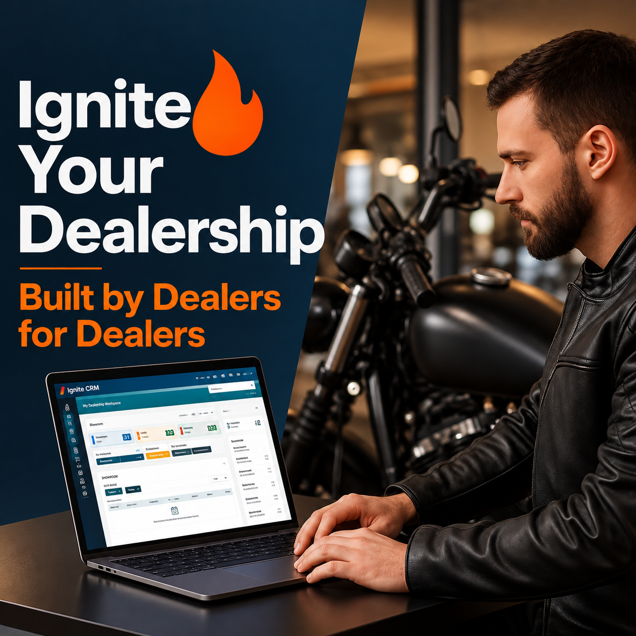 Ignite Your Dealership graphic with a dealership professional using CRM on a laptop
